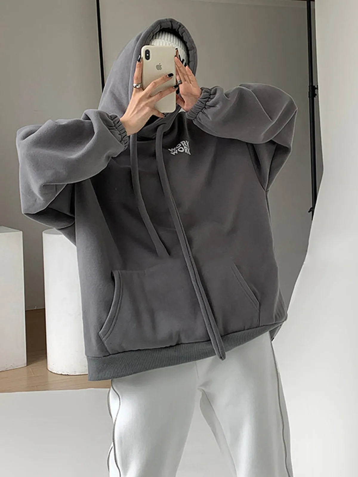 Thick and Warm Hoodie with Letter Logo - Grey