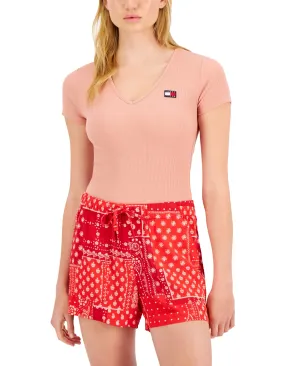 Tommy Jeans Women's Ribbed V Neck Bodysuit Pink Size X-Large