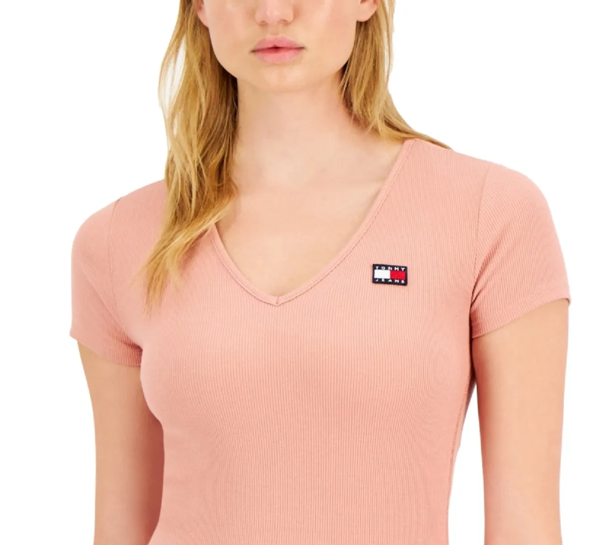 Tommy Jeans Women's Ribbed V Neck Bodysuit Pink Size X-Large