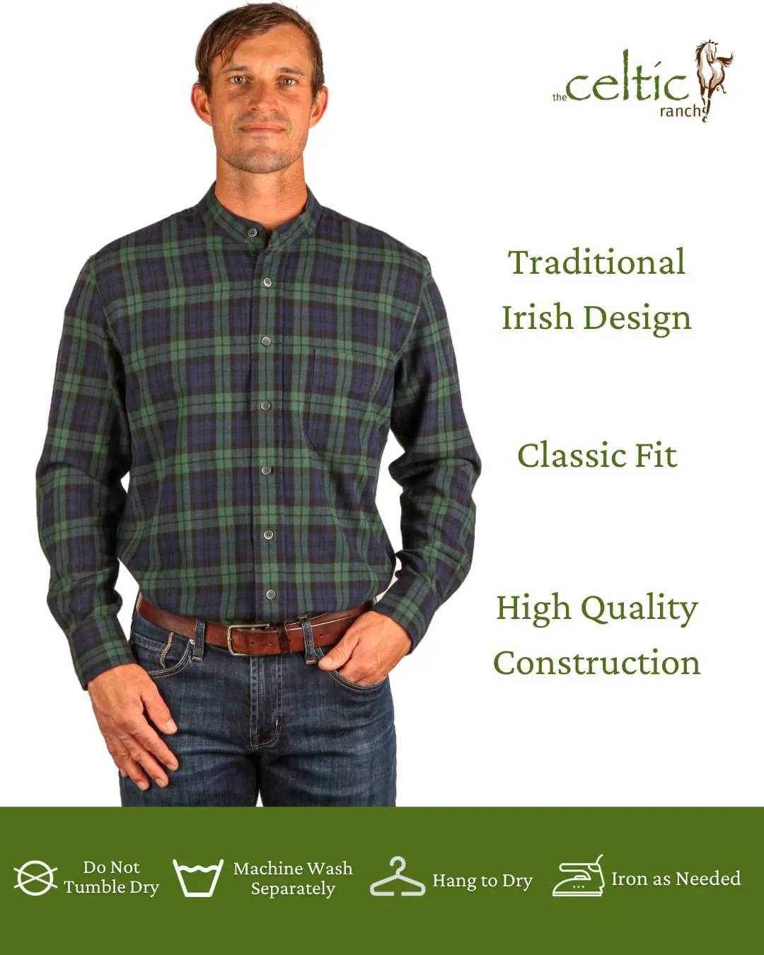 Traditional Irish Grandfather Shirt, Men's Casual Long Sleeve Button Down Collarless Dress Shirt