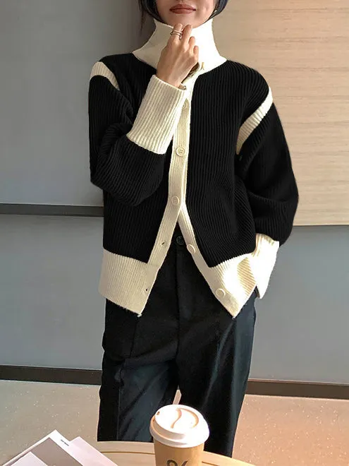 Turtleneck Color Graceful Contrast Cardigan