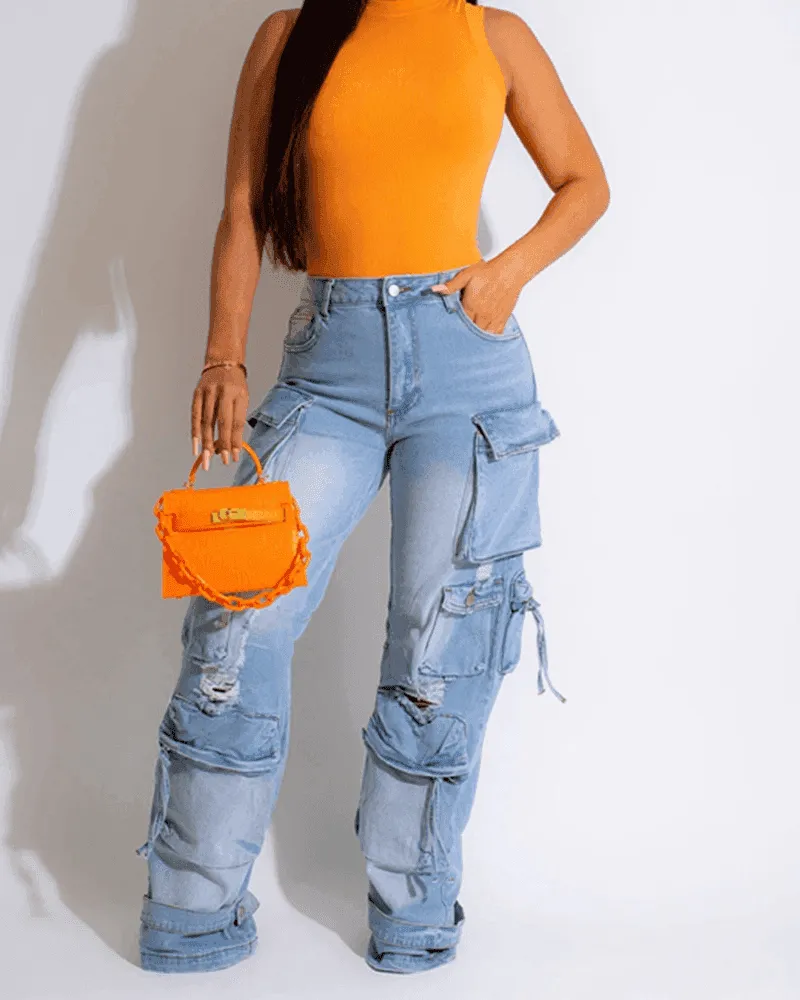 Vintage Casual Multi Pocket Jeans