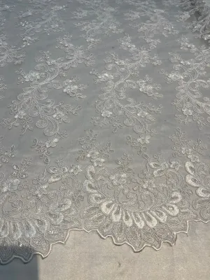 White Lace - Floral Lace Fabric, Embroidery With Sequins on a Mesh Lace Fabric By The Yard For Gown, Wedding-Bridal (Choose The Quantity)