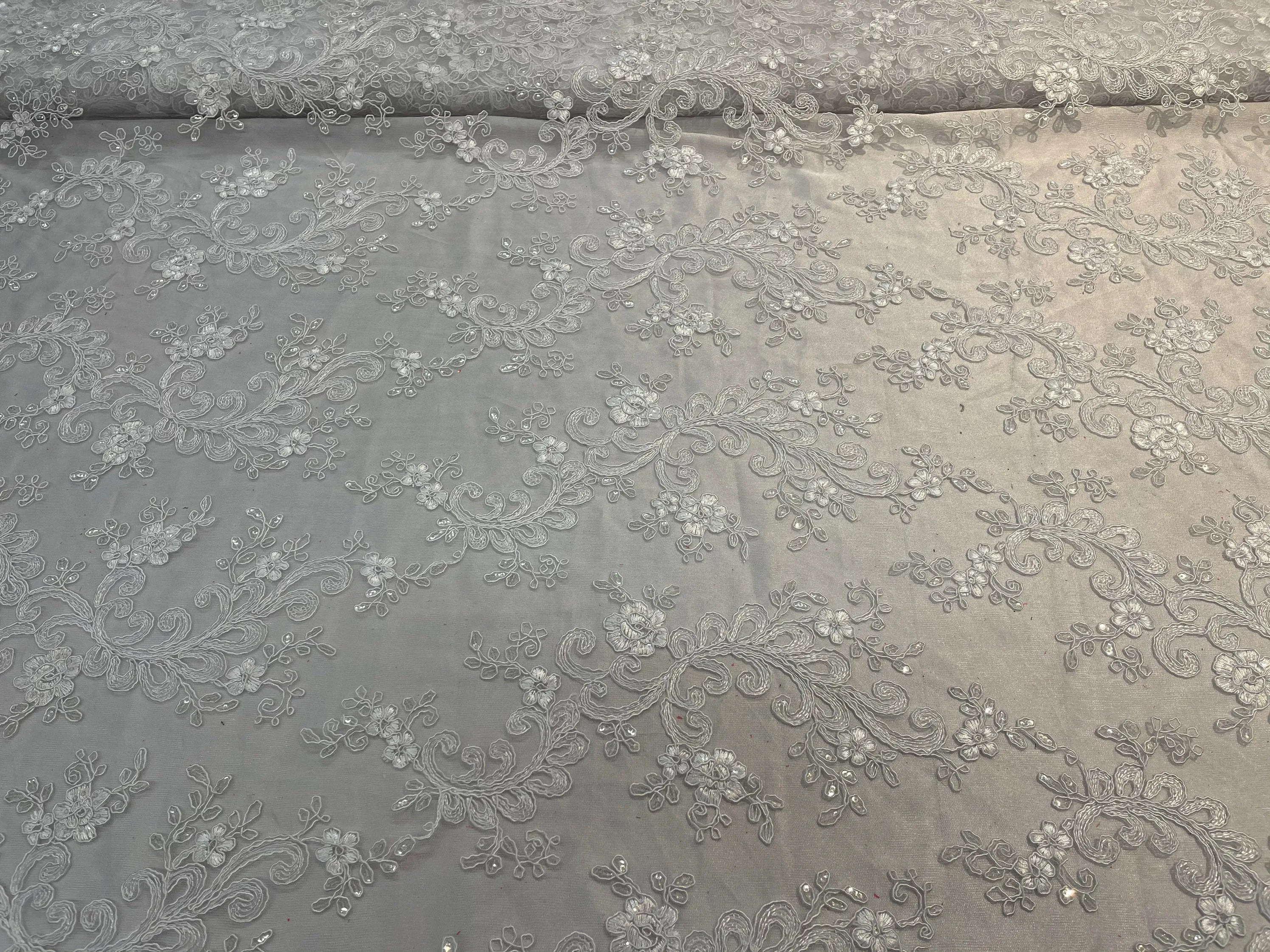 White Lace - Floral Lace Fabric, Embroidery With Sequins on a Mesh Lace Fabric By The Yard For Gown, Wedding-Bridal (Choose The Quantity)