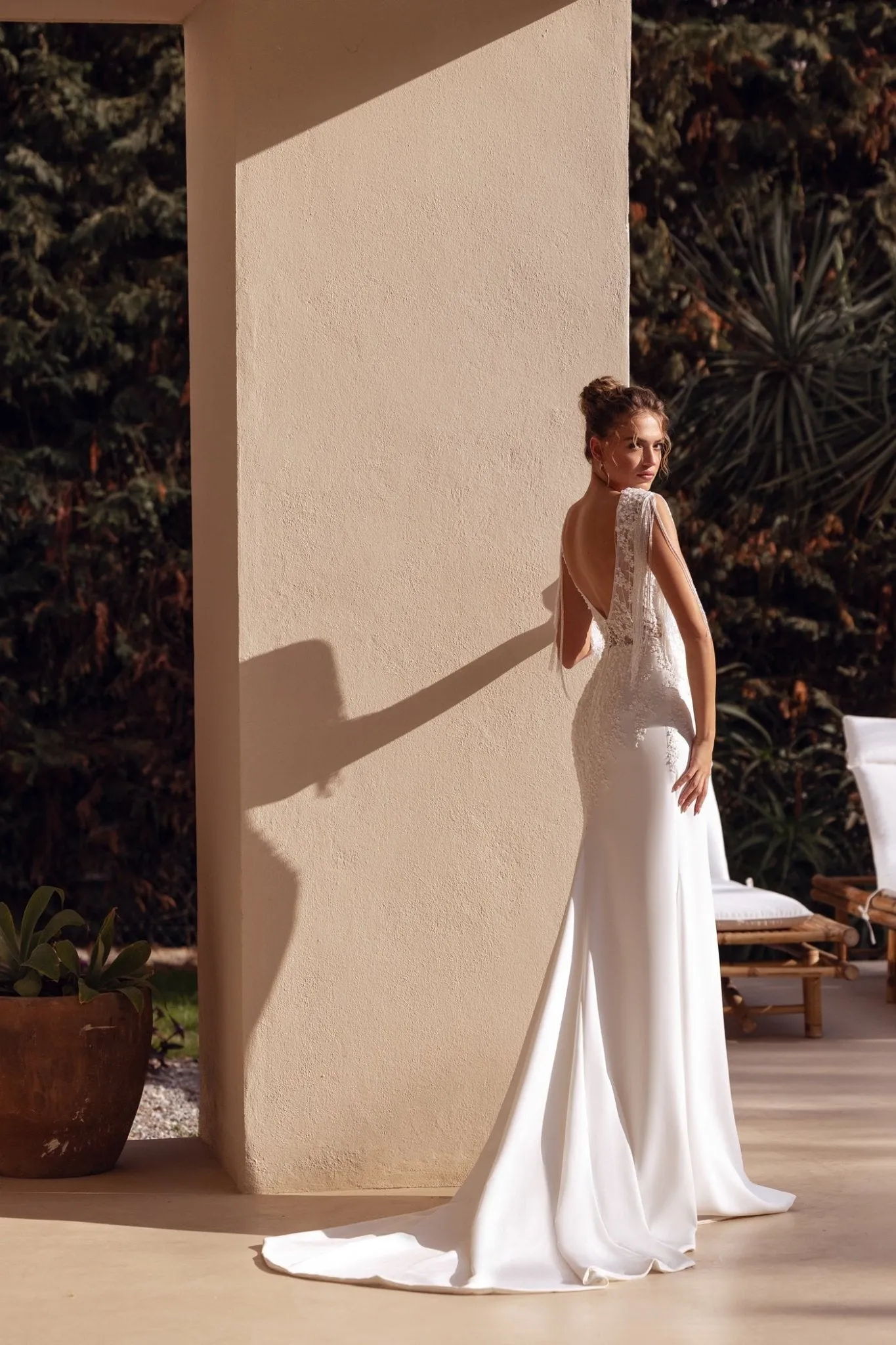 White Long-Sleeve Mermaid Wedding Dress with Fringe Lace, Deep V-Neck, and Floor-Length Train - Plus Size-Pico
