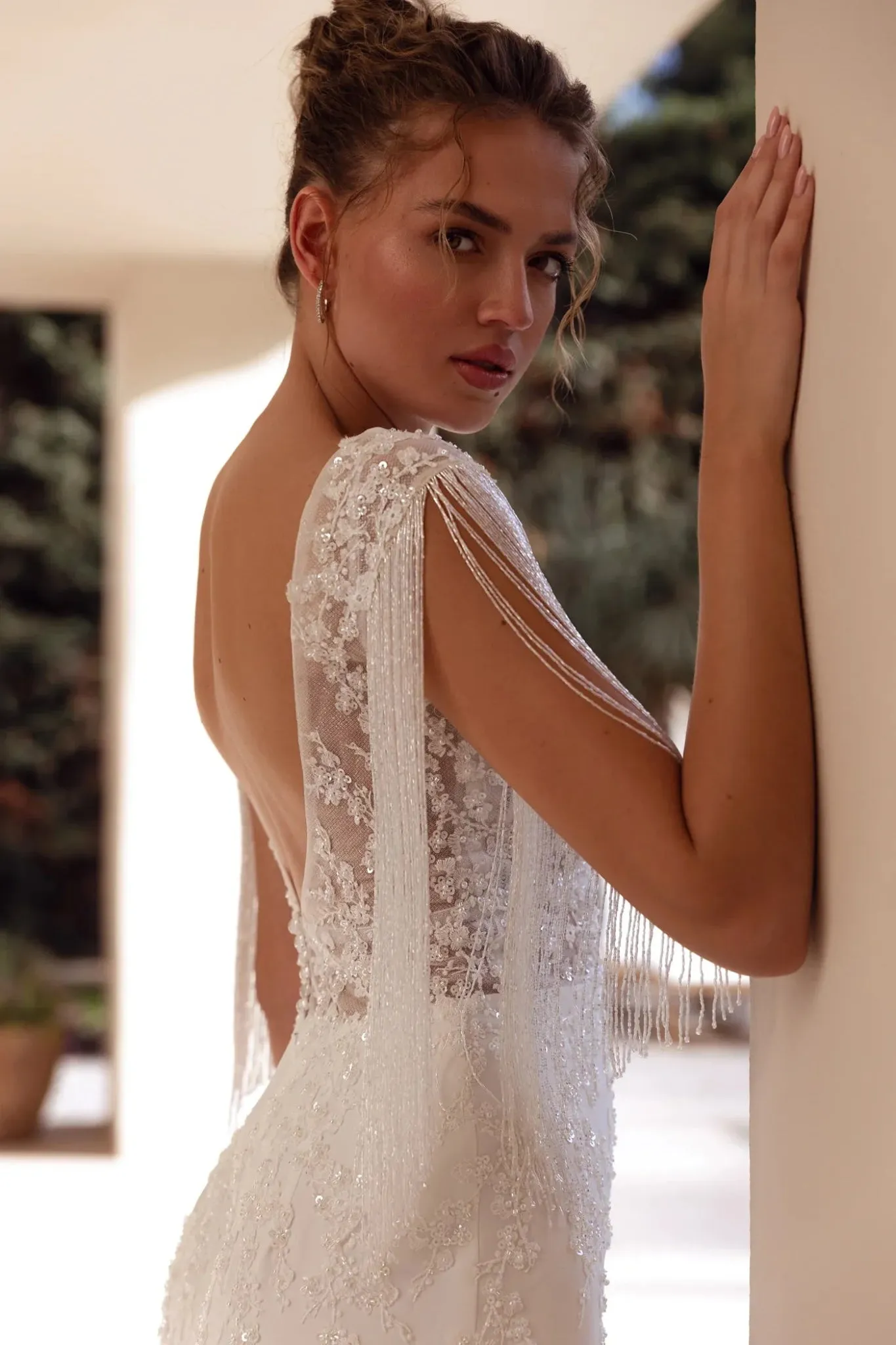 White Long-Sleeve Mermaid Wedding Dress with Fringe Lace, Deep V-Neck, and Floor-Length Train - Plus Size-Pico