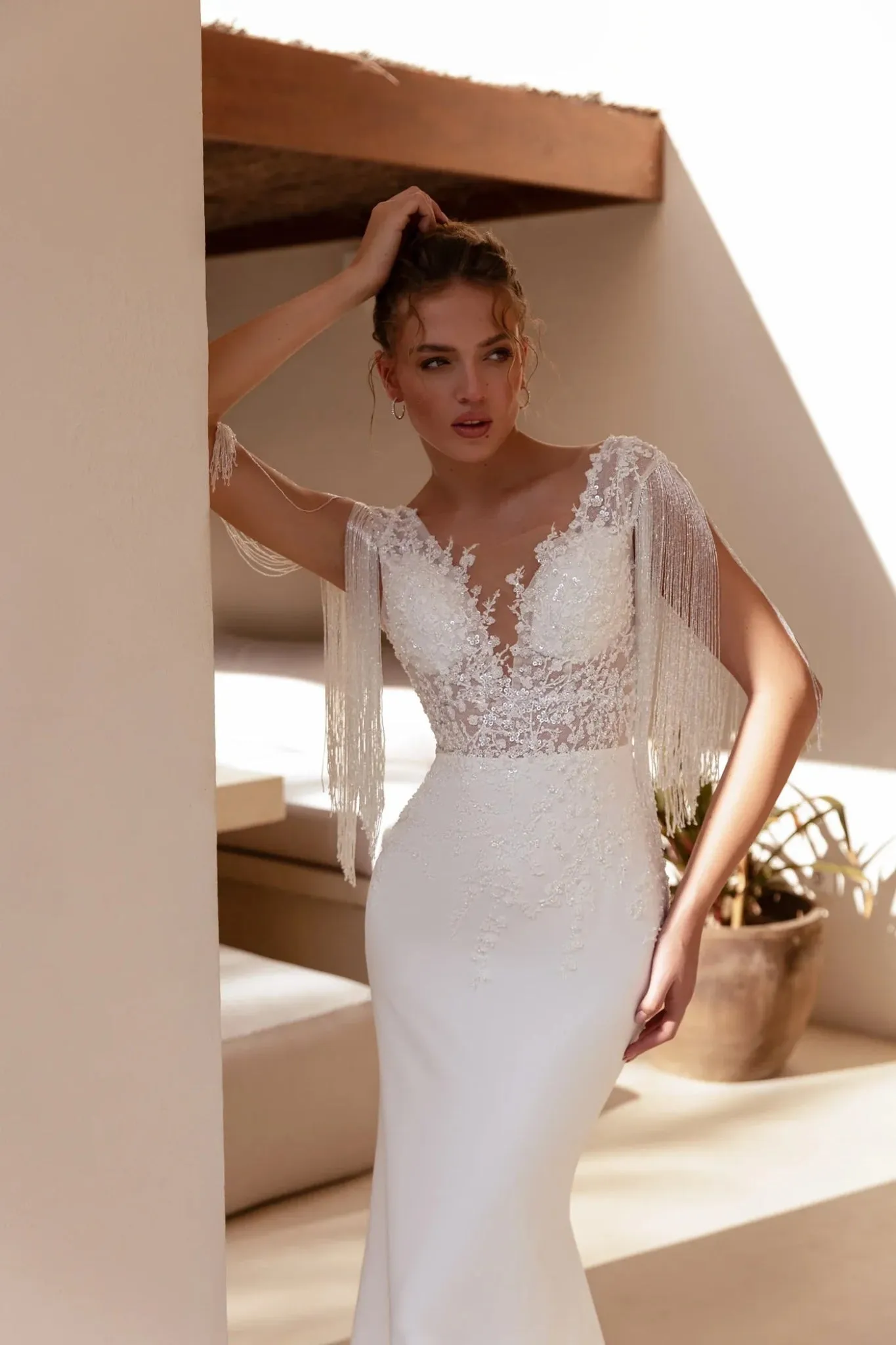 White Long-Sleeve Mermaid Wedding Dress with Fringe Lace, Deep V-Neck, and Floor-Length Train - Plus Size-Pico