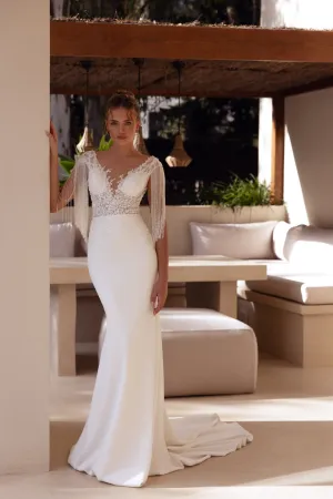 White Long-Sleeve Mermaid Wedding Dress with Fringe Lace, Deep V-Neck, and Floor-Length Train - Plus Size-Pico