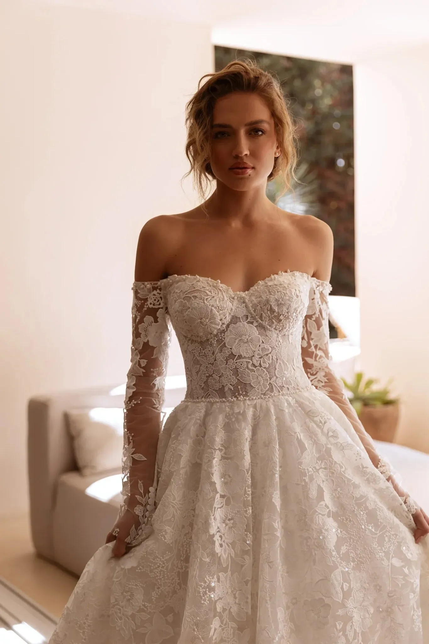 White Off-Shoulder Lace Wedding Dress with Long Sleeves and Floor-Length Train - Plus Size-Coco