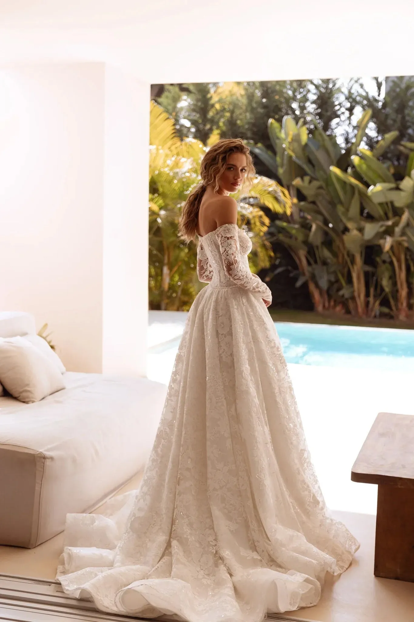 White Off-Shoulder Lace Wedding Dress with Long Sleeves and Floor-Length Train - Plus Size-Coco