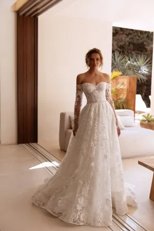 White Off-Shoulder Lace Wedding Dress with Long Sleeves and Floor-Length Train - Plus Size-Coco