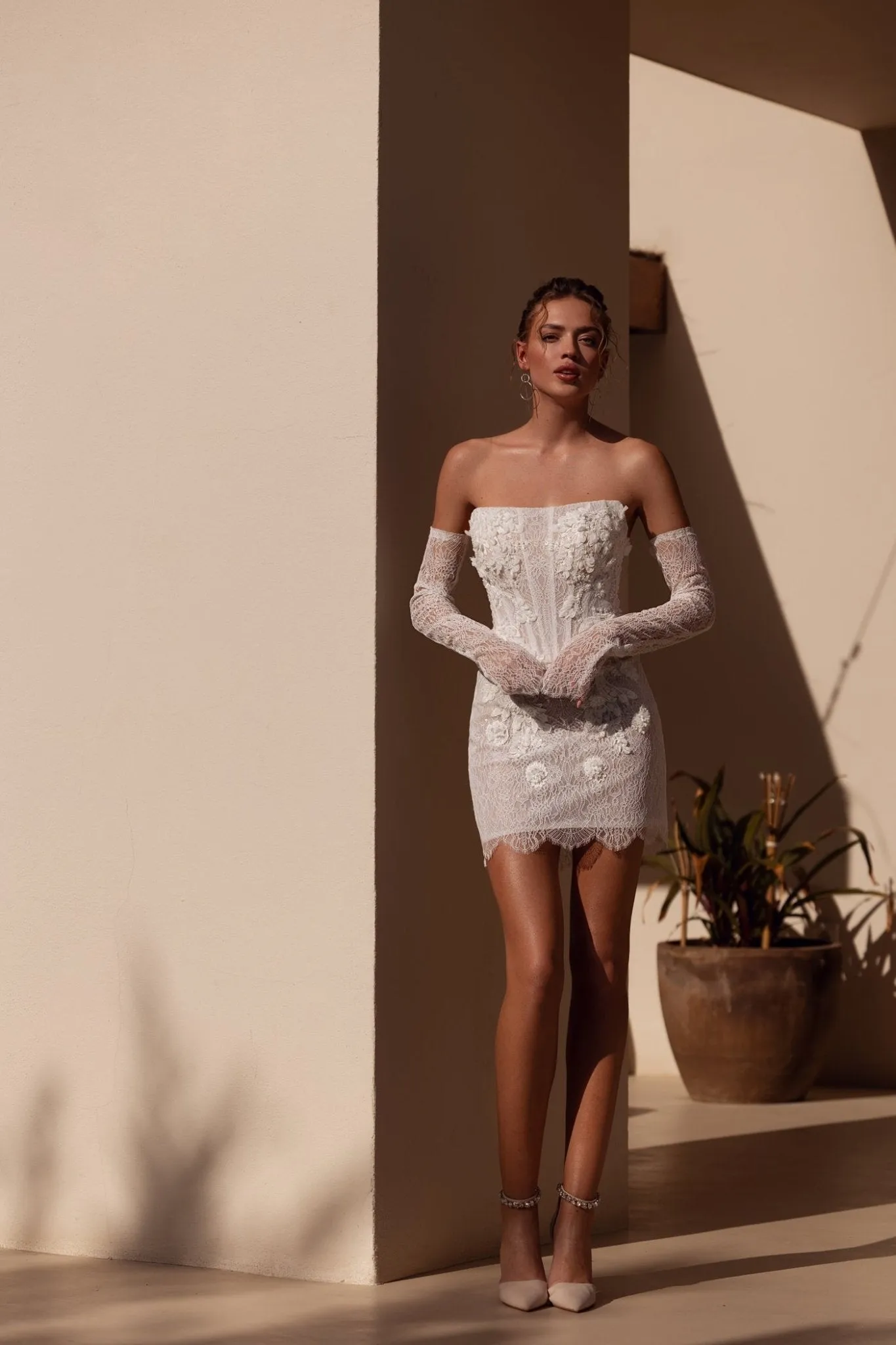 White Strapless Floral Lace Mini Wedding Dress with Embroidered Appliqués - Plus Size-Winona