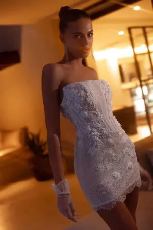 White Strapless Floral Lace Mini Wedding Dress with Embroidered Appliqués - Plus Size-Winona