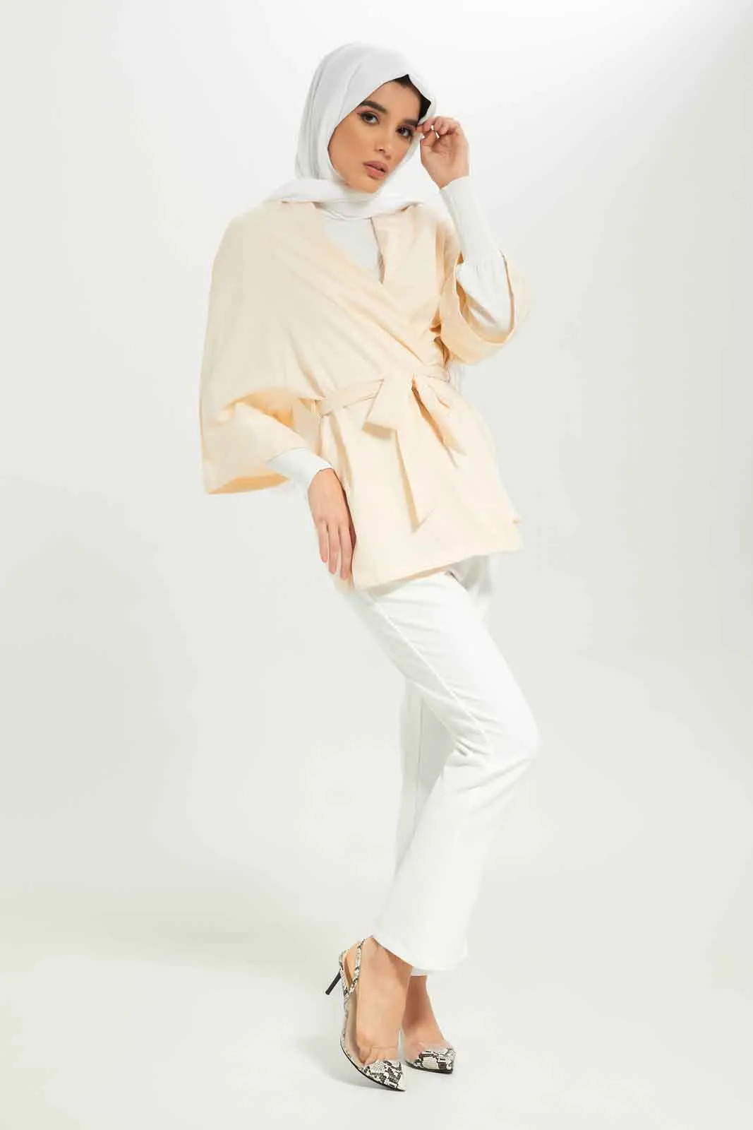 Women Beige Belted Cardigan