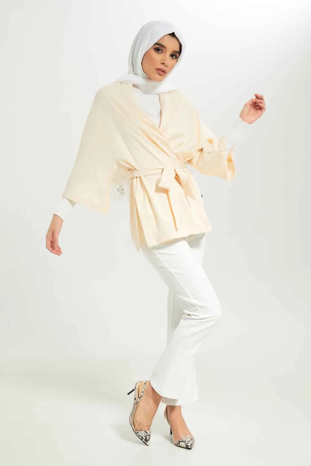 Women Beige Belted Cardigan