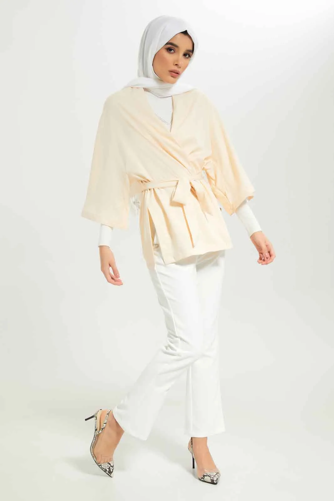 Women Beige Belted Cardigan