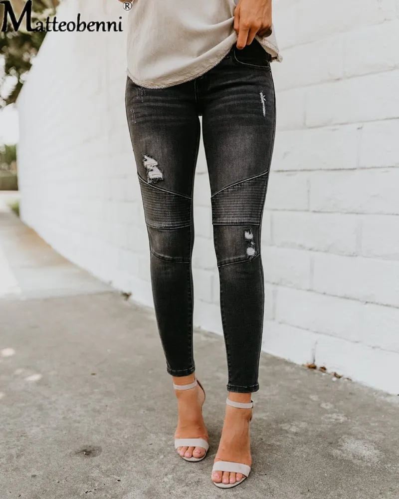 Women Fashion Mid Waist Skinny Vintage Distressed Denim Jeans - WJN0004