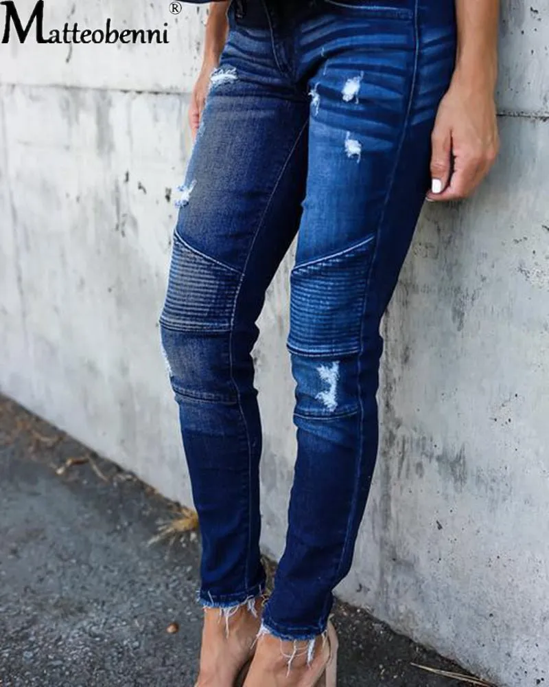 Women Fashion Mid Waist Skinny Vintage Distressed Denim Jeans - WJN0004