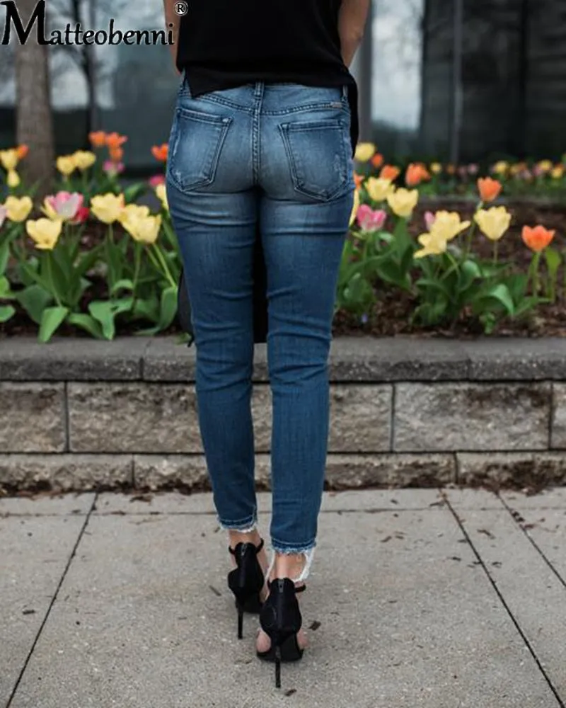Women Fashion Mid Waist Skinny Vintage Distressed Denim Jeans - WJN0004