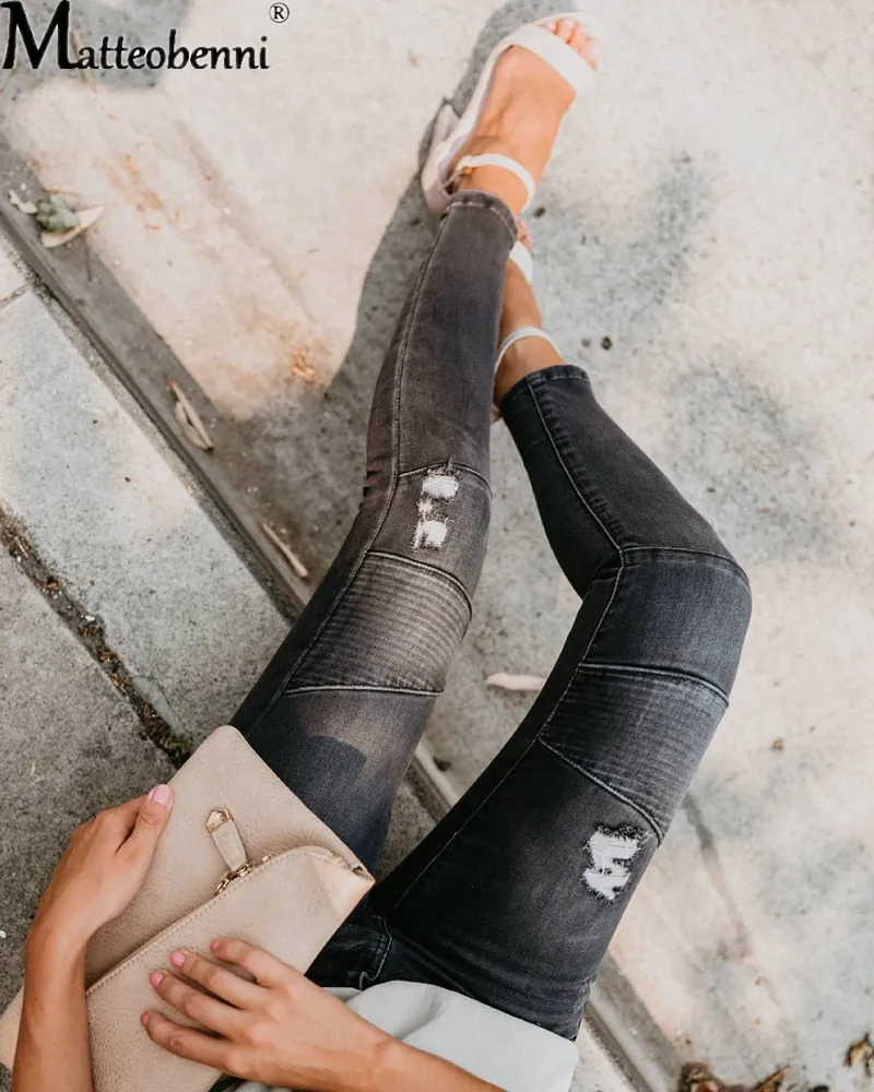 Women Fashion Mid Waist Skinny Vintage Distressed Denim Jeans - WJN0004