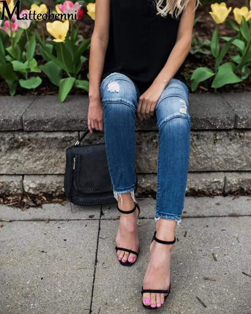Women Fashion Mid Waist Skinny Vintage Distressed Denim Jeans - WJN0004