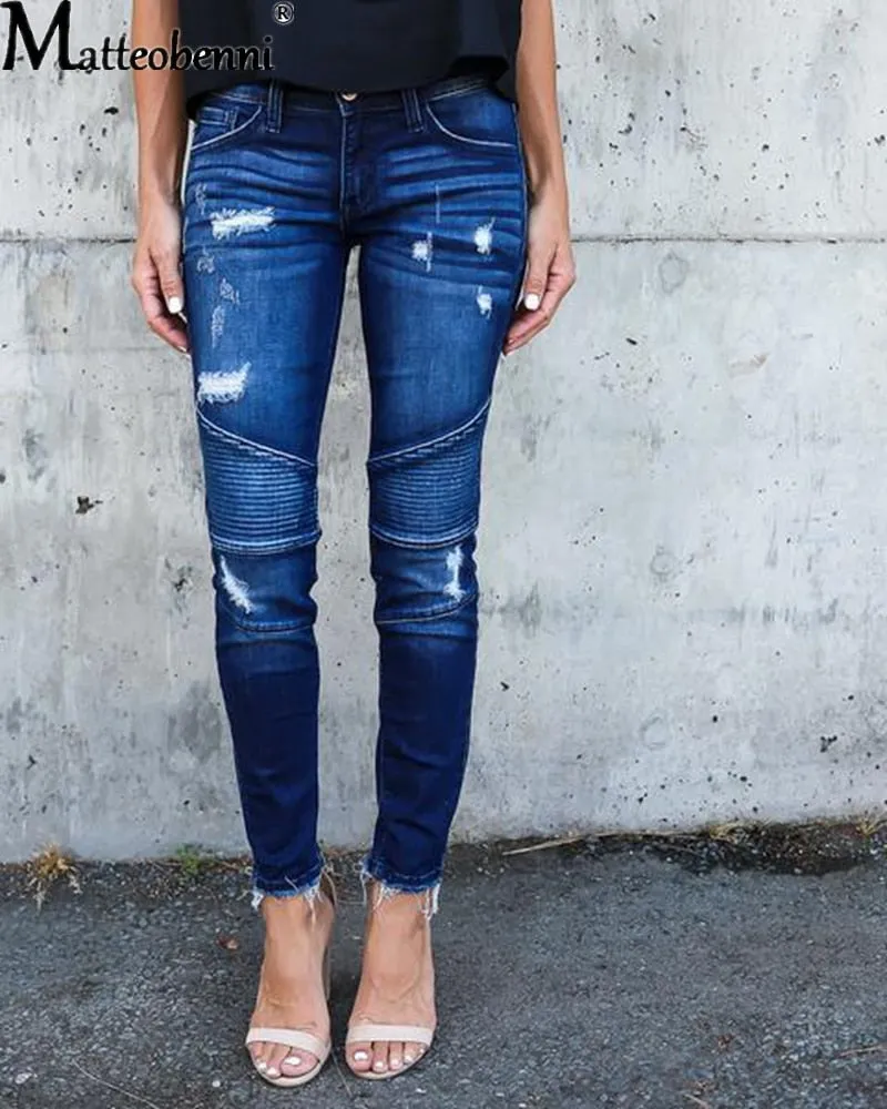 Women Fashion Mid Waist Skinny Vintage Distressed Denim Jeans - WJN0004
