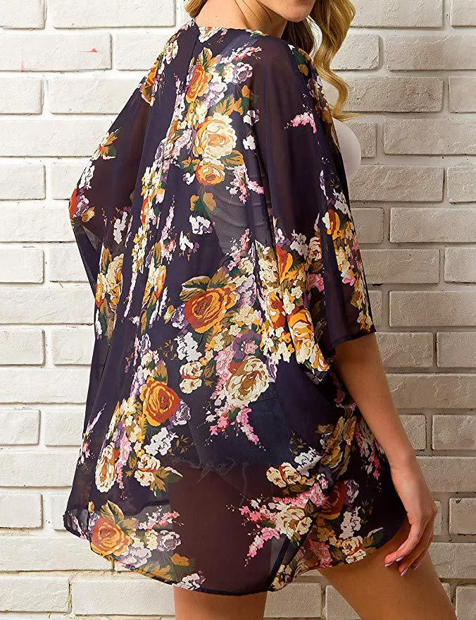 Women Floral Puff Sleeve Cardigans Chiffon Loose Cover Up Casual Blouse Tops