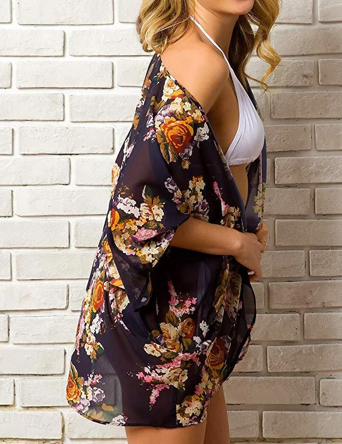 Women Floral Puff Sleeve Cardigans Chiffon Loose Cover Up Casual Blouse Tops