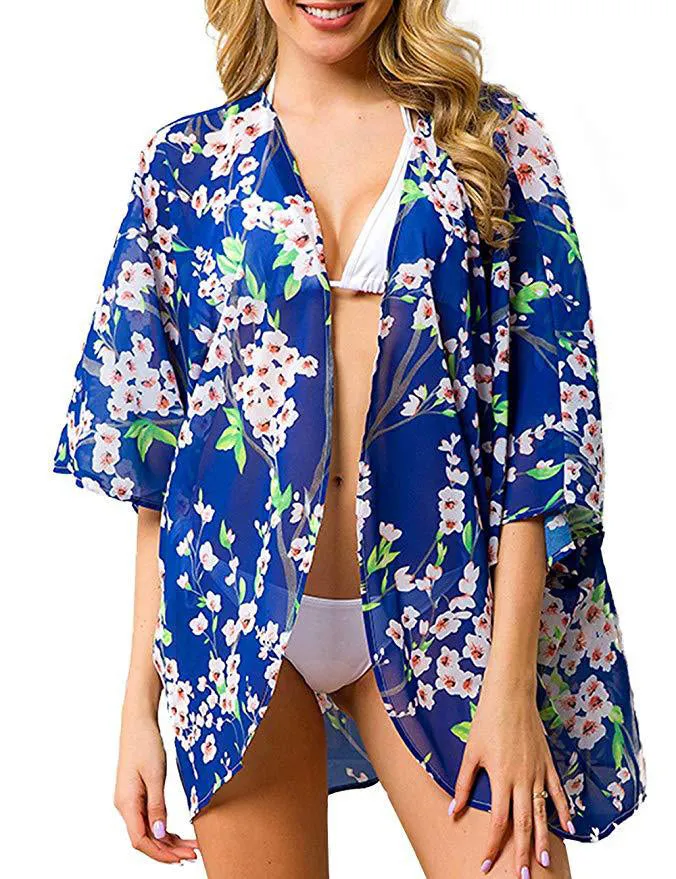 Women Floral Puff Sleeve Cardigans Chiffon Loose Cover Up Casual Blouse Tops