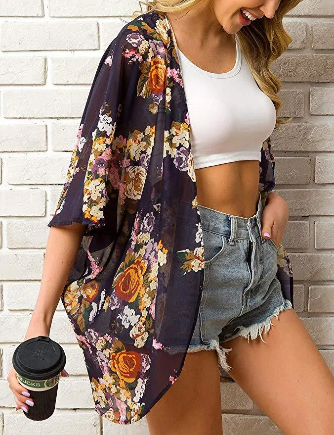 Women Floral Puff Sleeve Cardigans Chiffon Loose Cover Up Casual Blouse Tops