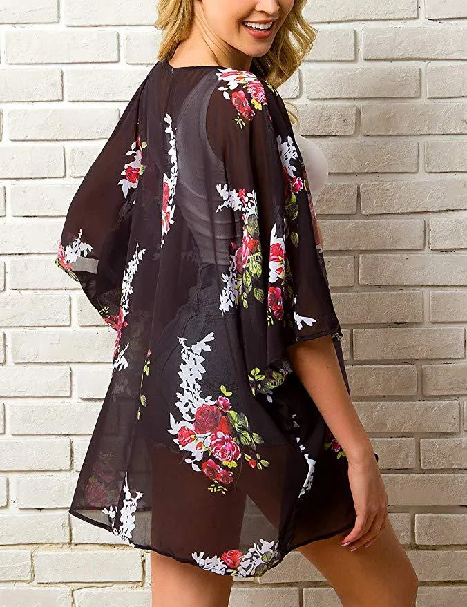 Women Floral Puff Sleeve Cardigans Chiffon Loose Cover Up Casual Blouse Tops