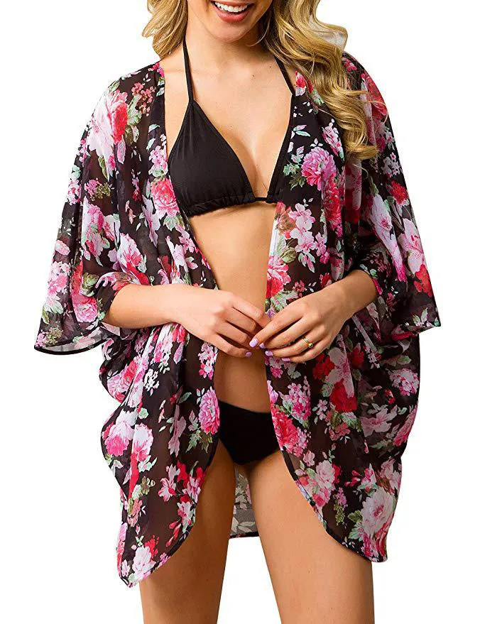 Women Floral Puff Sleeve Cardigans Chiffon Loose Cover Up Casual Blouse Tops