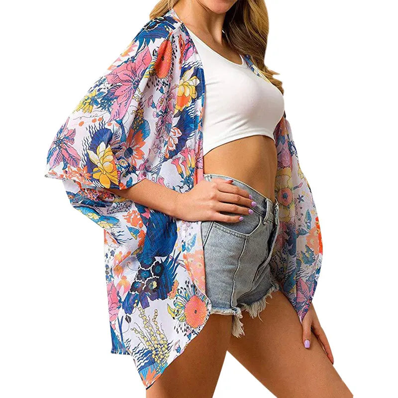Women Floral Puff Sleeve Cardigans Chiffon Loose Cover Up Casual Blouse Tops