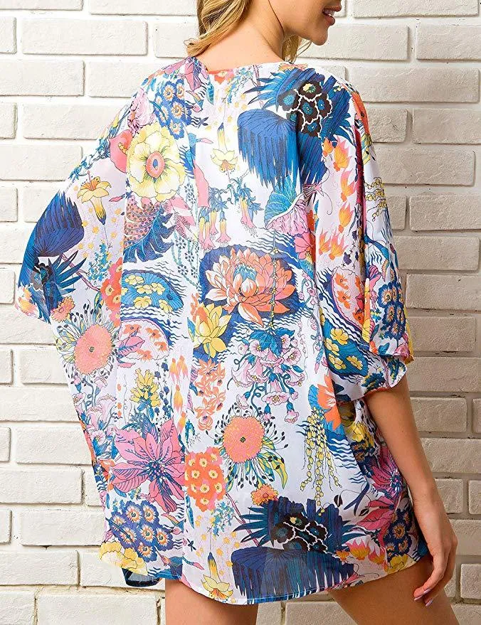 Women Floral Puff Sleeve Cardigans Chiffon Loose Cover Up Casual Blouse Tops