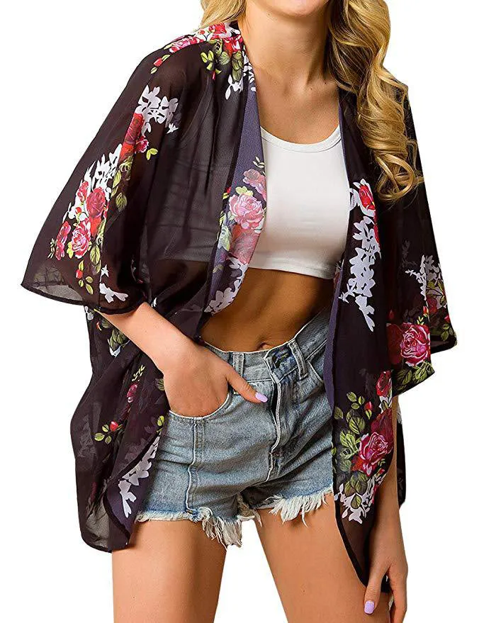 Women Floral Puff Sleeve Cardigans Chiffon Loose Cover Up Casual Blouse Tops