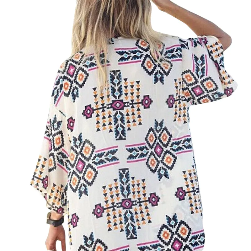Women Floral Puff Sleeve Cardigans Chiffon Loose Cover Up Casual Blouse Tops