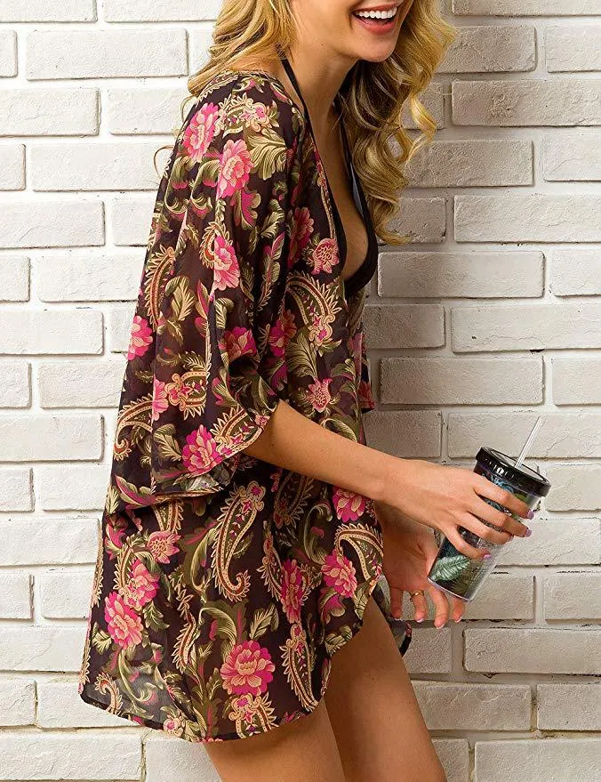 Women Floral Puff Sleeve Cardigans Chiffon Loose Cover Up Casual Blouse Tops