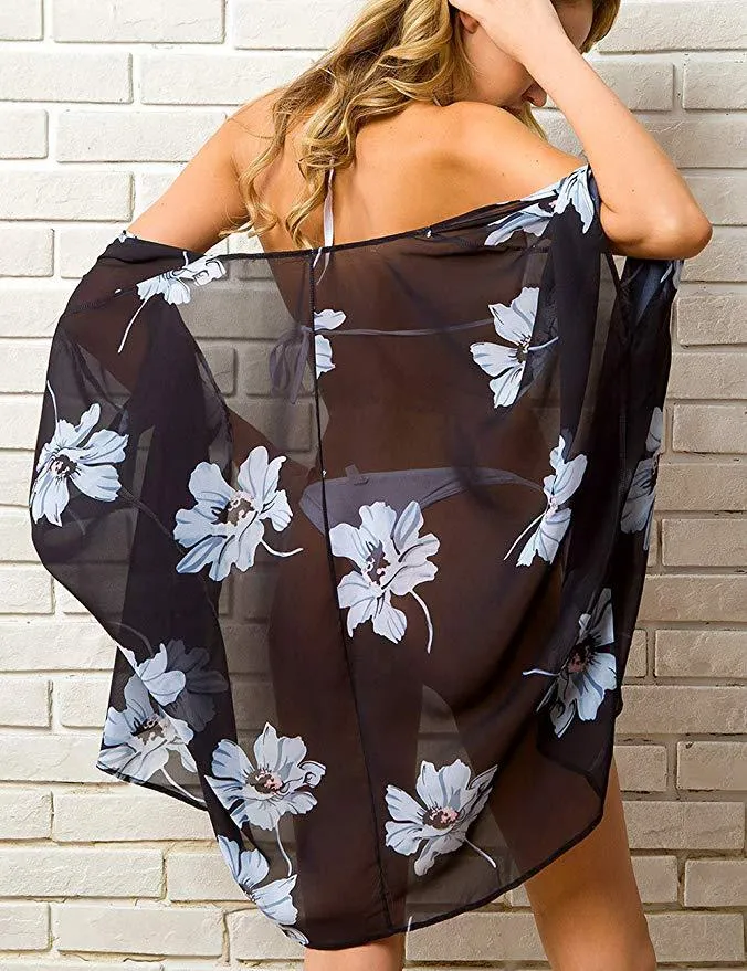 Women Floral Puff Sleeve Cardigans Chiffon Loose Cover Up Casual Blouse Tops