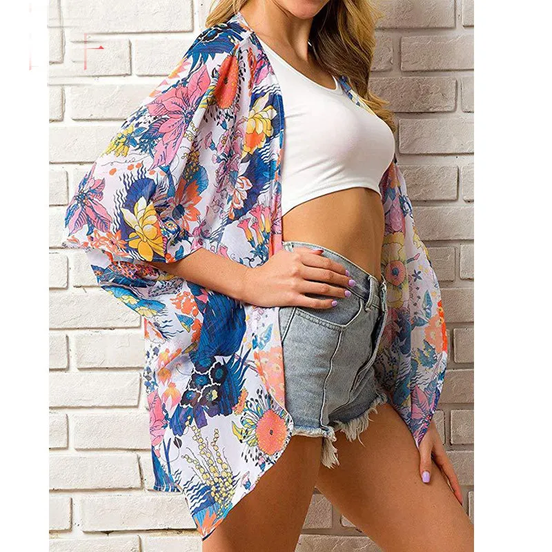 Women Floral Puff Sleeve Cardigans Chiffon Loose Cover Up Casual Blouse Tops