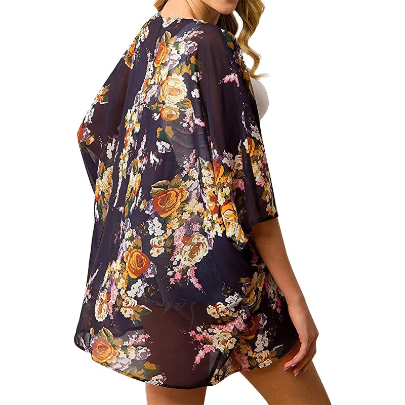 Women Floral Puff Sleeve Cardigans Chiffon Loose Cover Up Casual Blouse Tops