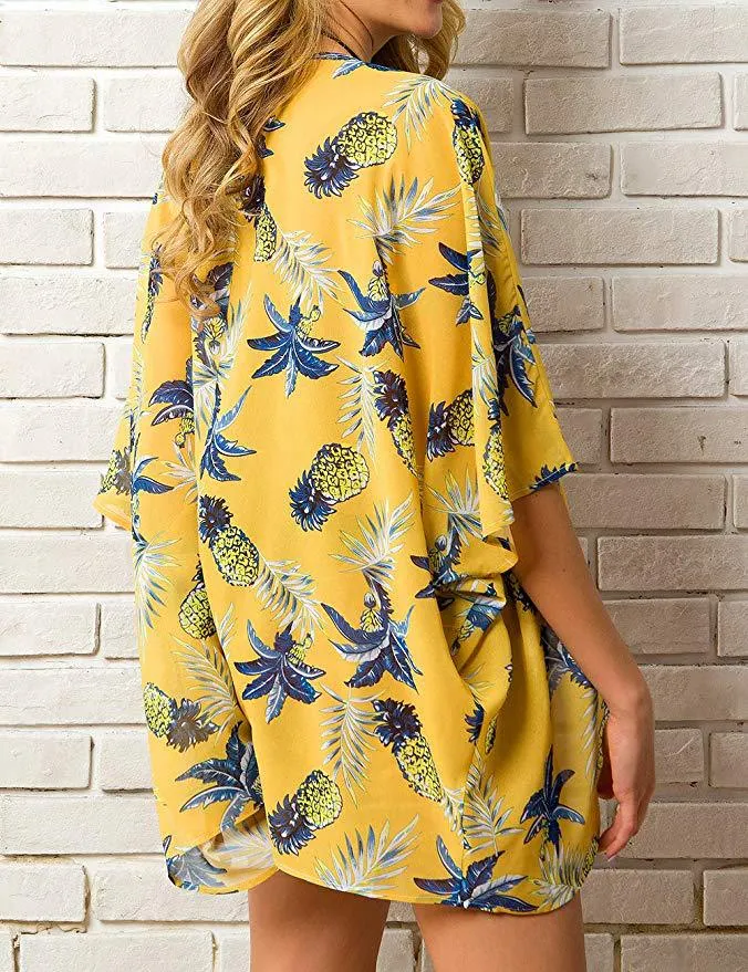 Women Floral Puff Sleeve Cardigans Chiffon Loose Cover Up Casual Blouse Tops
