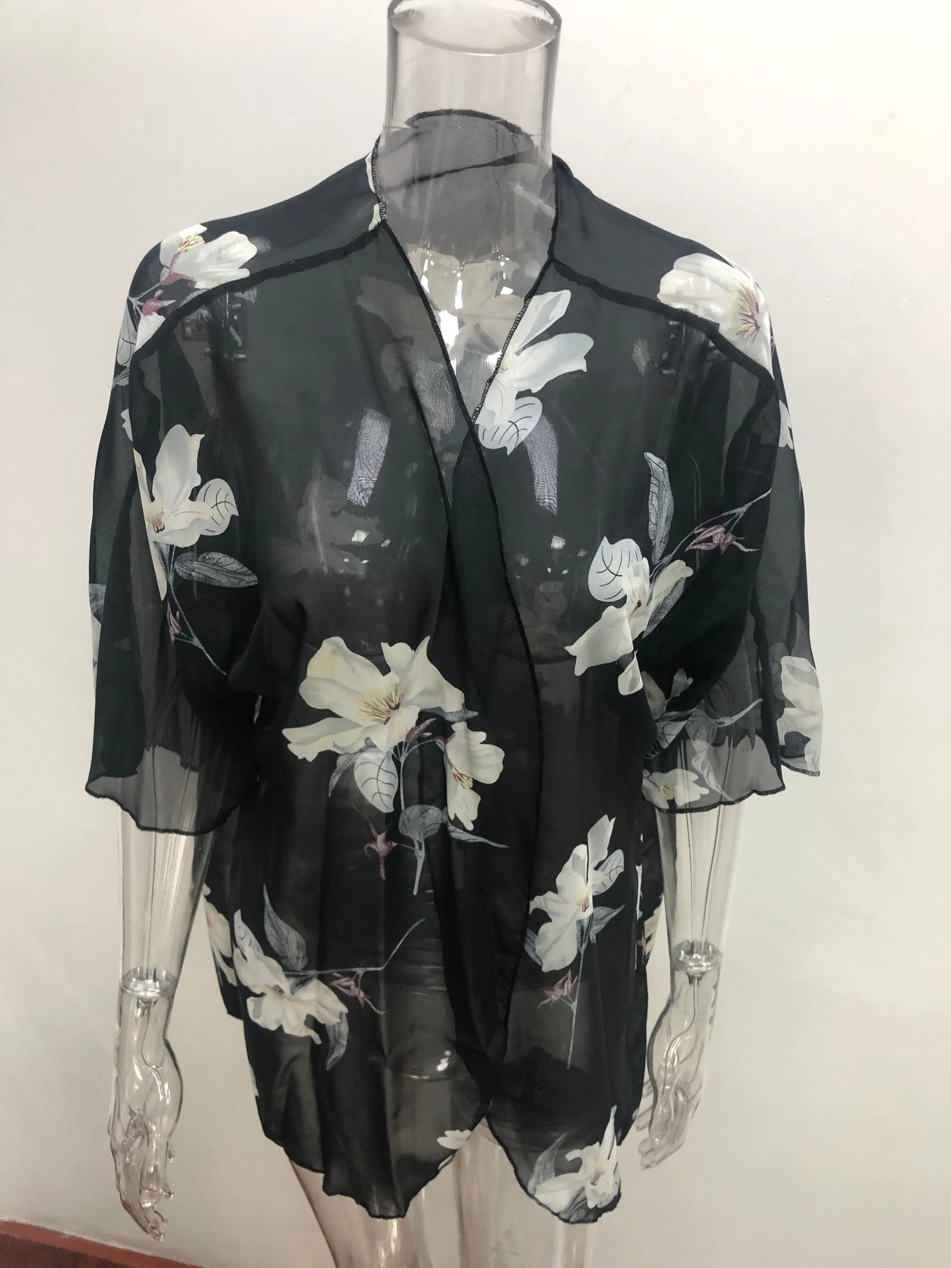 Women Floral Puff Sleeve Cardigans Chiffon Loose Cover Up Casual Blouse Tops