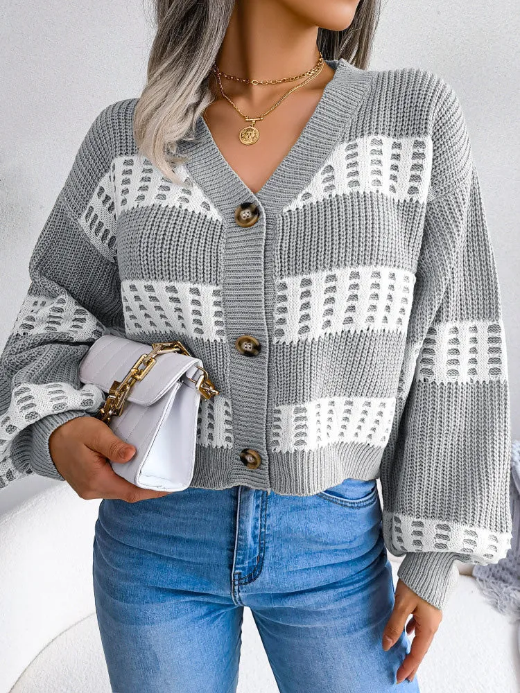 Women's Cardigans Contrast Button Balloon Sleeve Sweater Cardigan