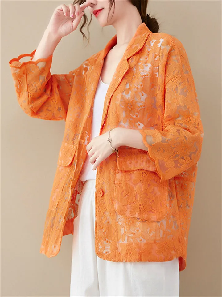 Women's Elegant Floral Lace Hollow Out Lapel Blazer