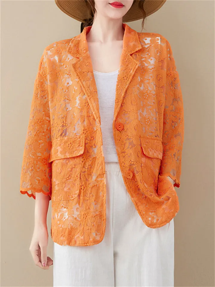 Women's Elegant Floral Lace Hollow Out Lapel Blazer