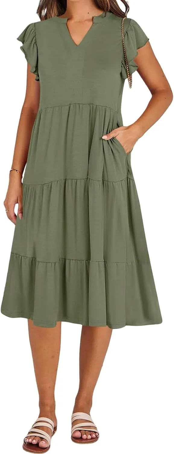 Womens Midi Dress Casual Summer Ruffle Sleeve V Neck Trendy Tiered Flowy Boho Dresses 2025 Vacation Sundress